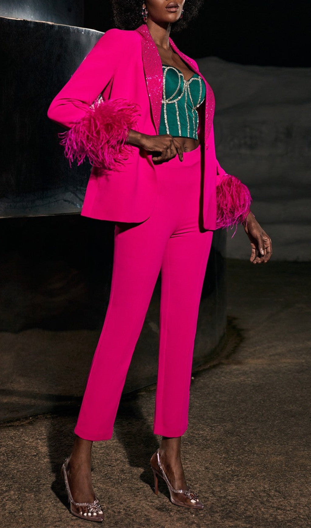 Rhinestone Feather Blazer In Pink Flowering Girl