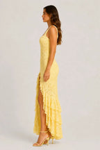 Irregular Ruffled Lace Patchwork High Slit Slip Maxi Dress - Yellow Flowering Girl