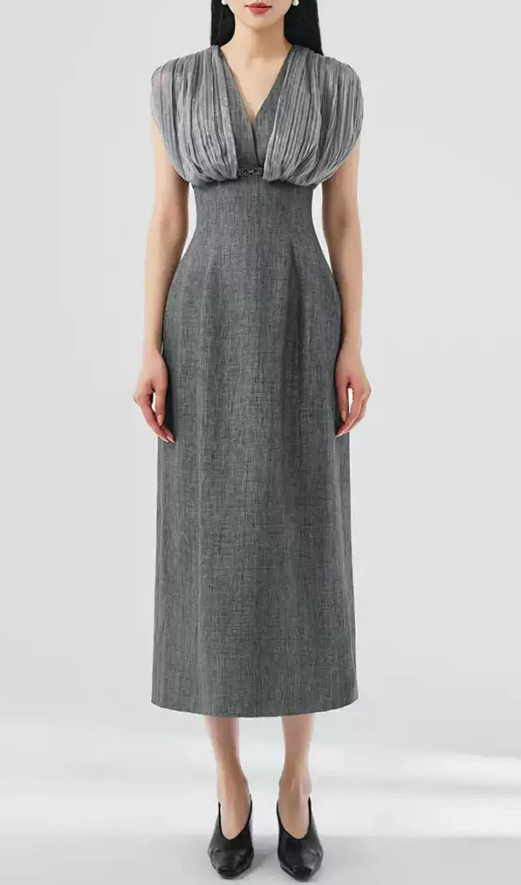 Galina Grey V-Neck Midi Dress Flowering Girl