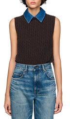 Denim Collar Cable Knit Sweater Flowering Girl