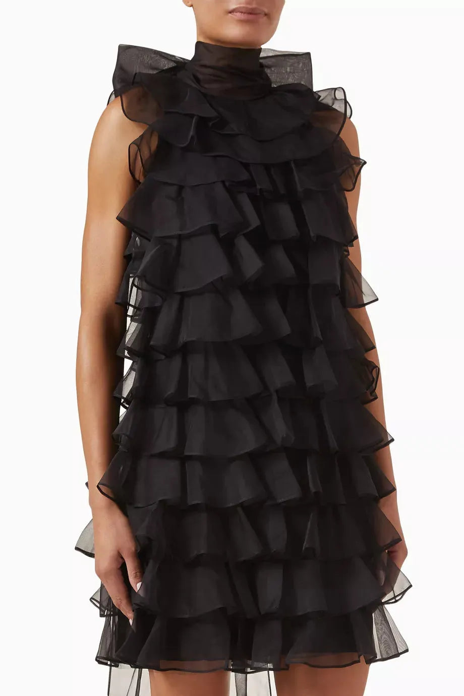 Poppy Ruffle Silk Organza Sleeveless Mini Dress In Black Flowering Girl