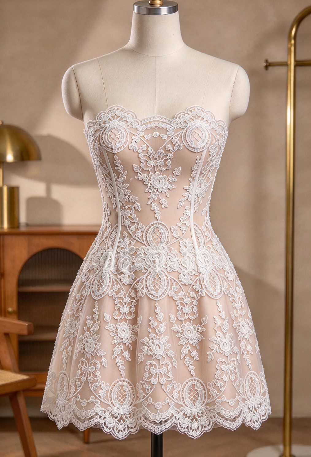 White Floral Lace Fit-and-Flare Corset Mini Dress with Detached Sleeves Flowering Girl