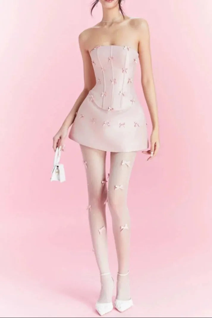Pink Bow Embellished Strapless Mini Dress Set Flowering Girl