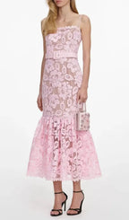 Simona Pink Crochet Lace Hollow Midi Dress Flowering Girl