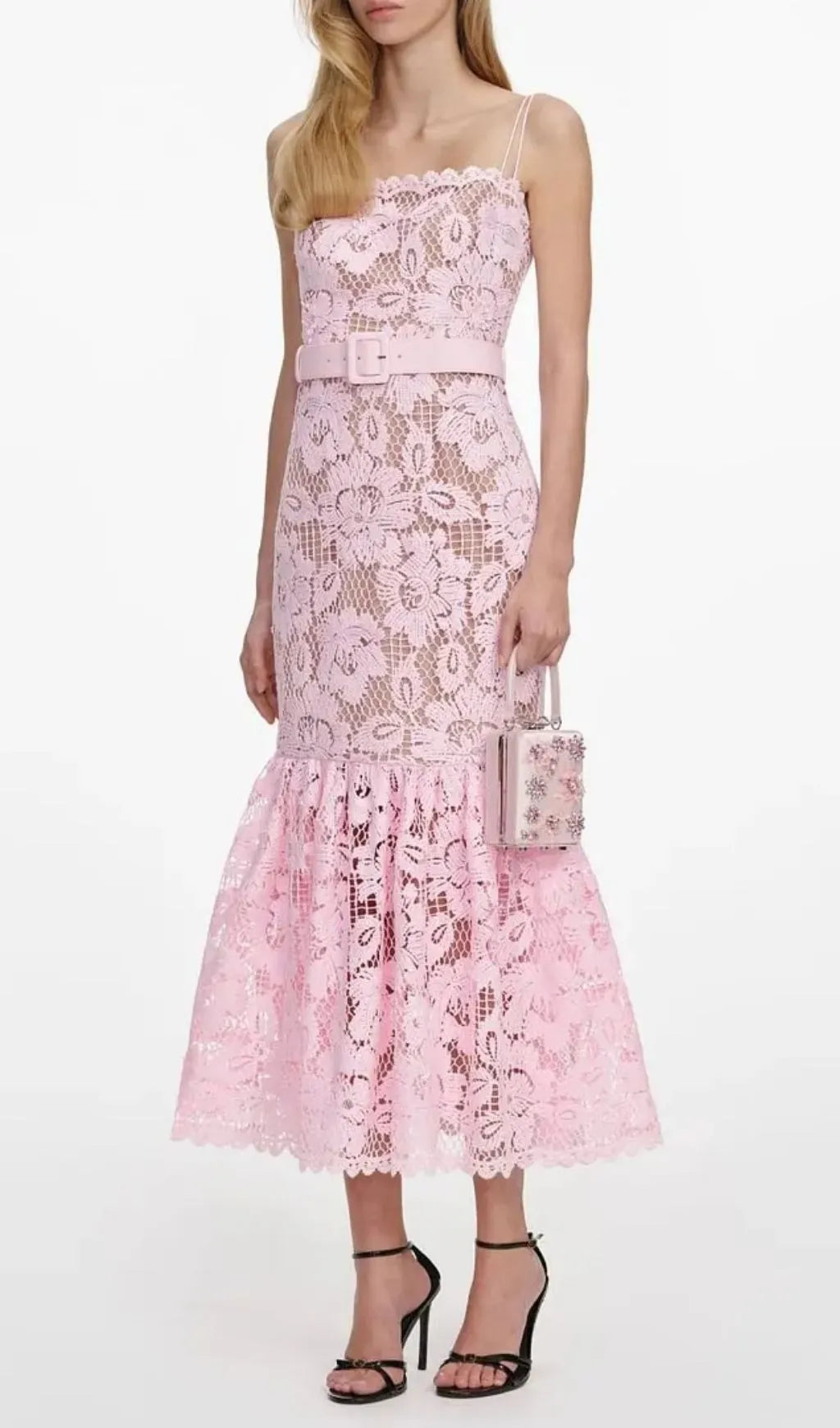 Simona Pink Crochet Lace Hollow Midi Dress Flowering Girl
