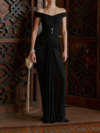 Draped Bardot Maxi Dress Black Flowering Girl