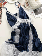 Navy Spaghetti Strap V-Neck Tiered Lace Fringe Maxi Dress Flowering Girl