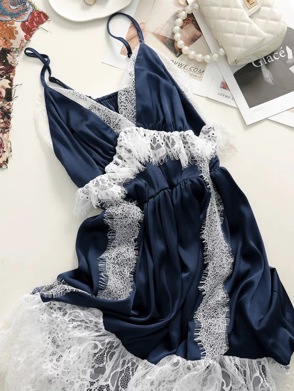 Navy Spaghetti Strap V-Neck Tiered Lace Fringe Maxi Dress Flowering Girl