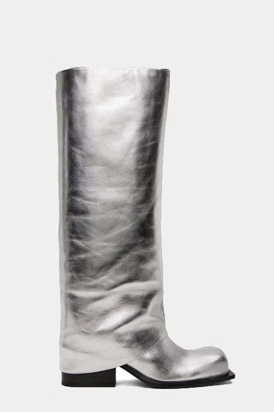 Danika Chunky Heel Metallic Trouser Boots - Silver Flowering Girl