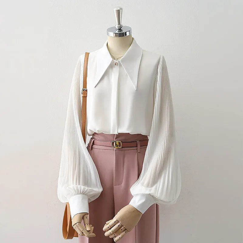 Oversized Point Collar Mixed Fabric Pleated Lantern Sleeve Satin Blouse Flowering Girl
