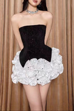Doris 3d Flower Sequin Strapless Mini Dress In Black Flowering Girl
