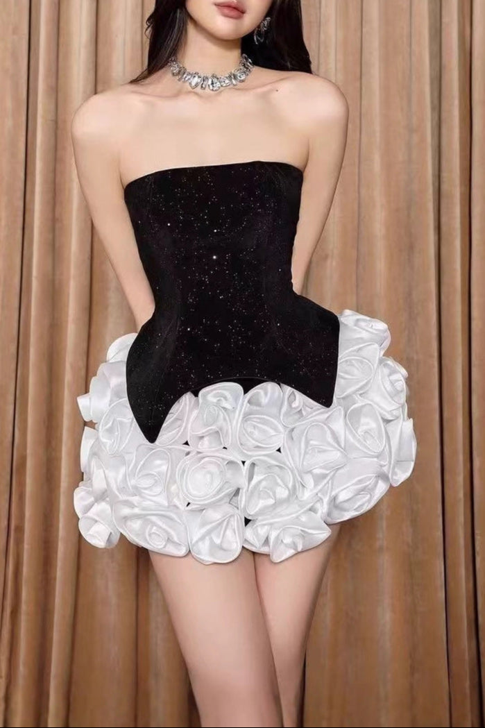Doris 3d Flower Sequin Strapless Mini Dress In Black Flowering Girl