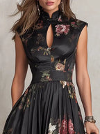 Black Keyhole Collar Floral Pleated Satin Midi Dress Flowering Girl