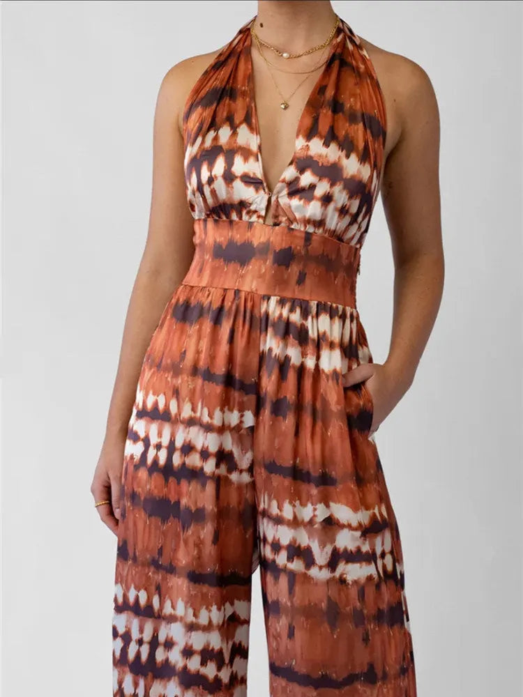 Halter V-Neck Tie Dye Wide Leg Pocket Jumpsuit Flowering Girl