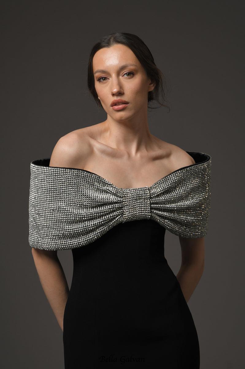 crystal bow crêpe maxi dress in Black Flowering Girl
