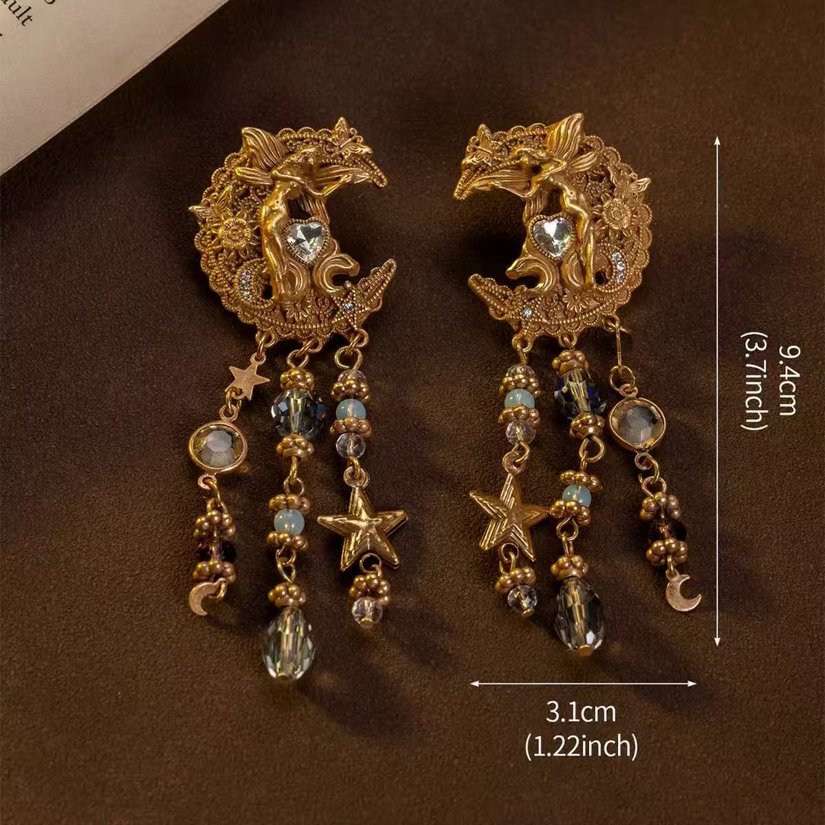 Vintage Fairy Moon Star Tassel Drop Earrings Flowering Girl