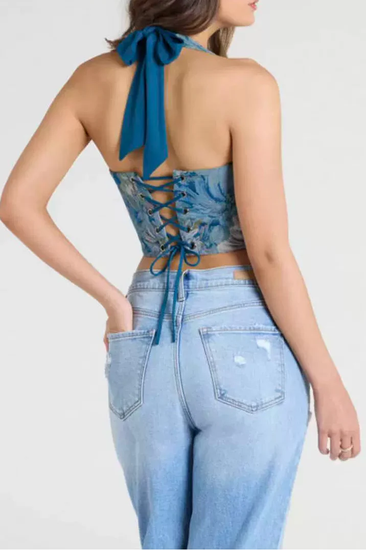 Jacquard Halter Corset Top Flowering Girl