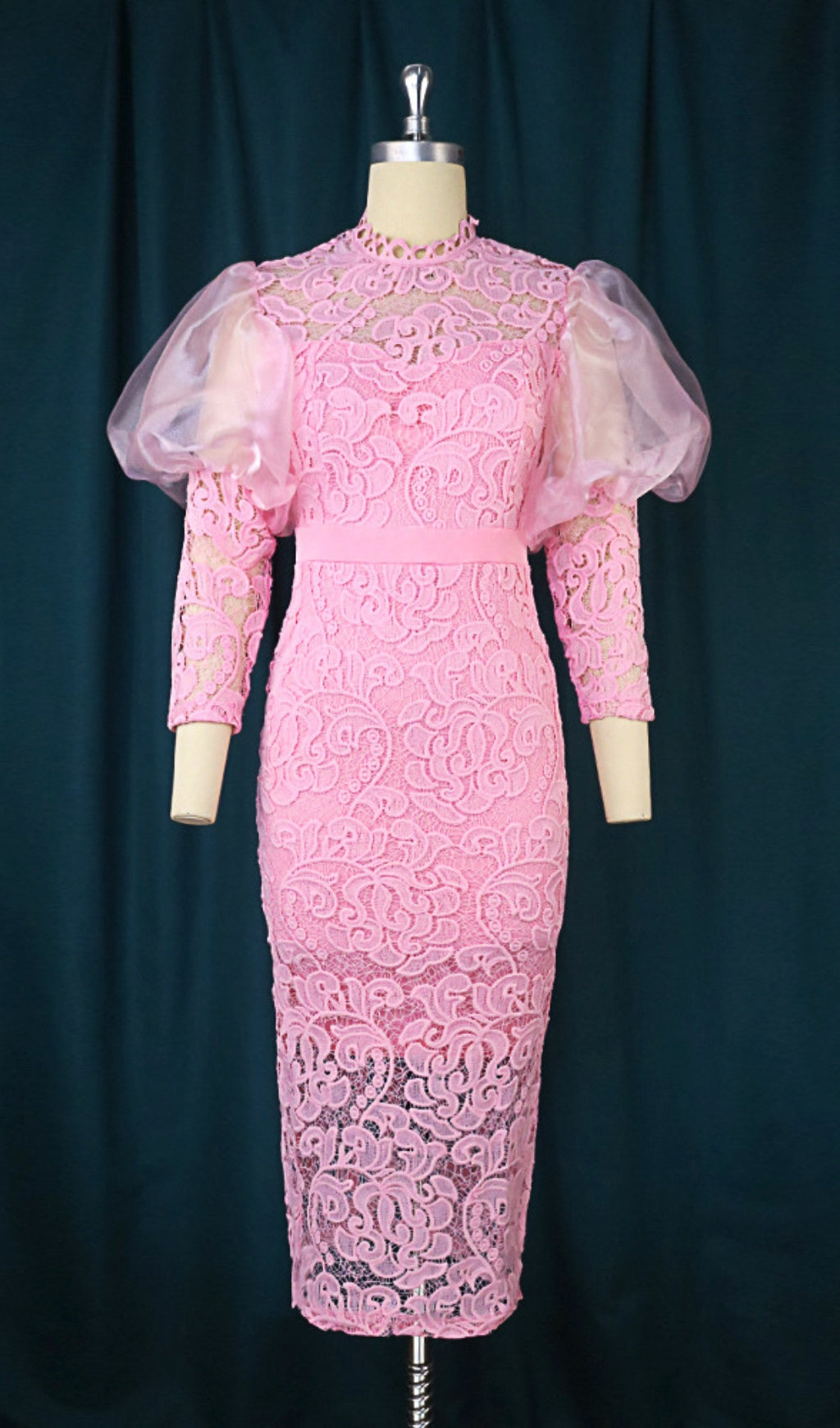 Pink Puff Sleeve Lace Midi Dress Flowering Girl