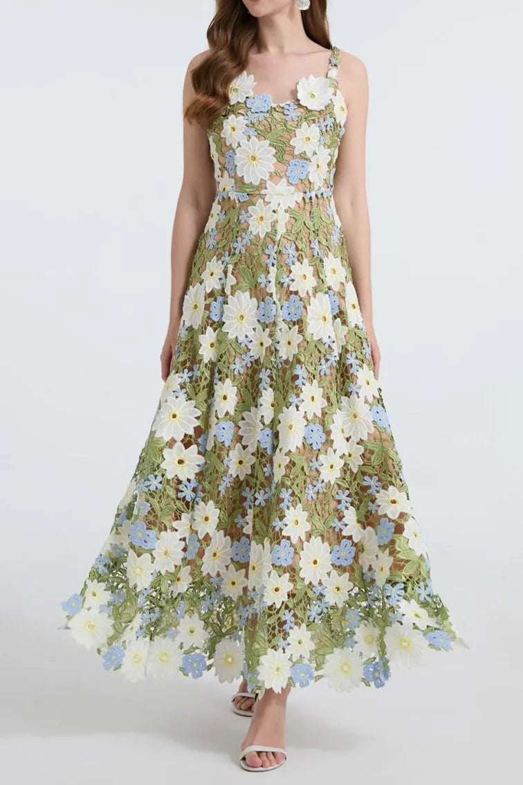 celeste floral hollow stitching maxi dress in green Flowering Girl