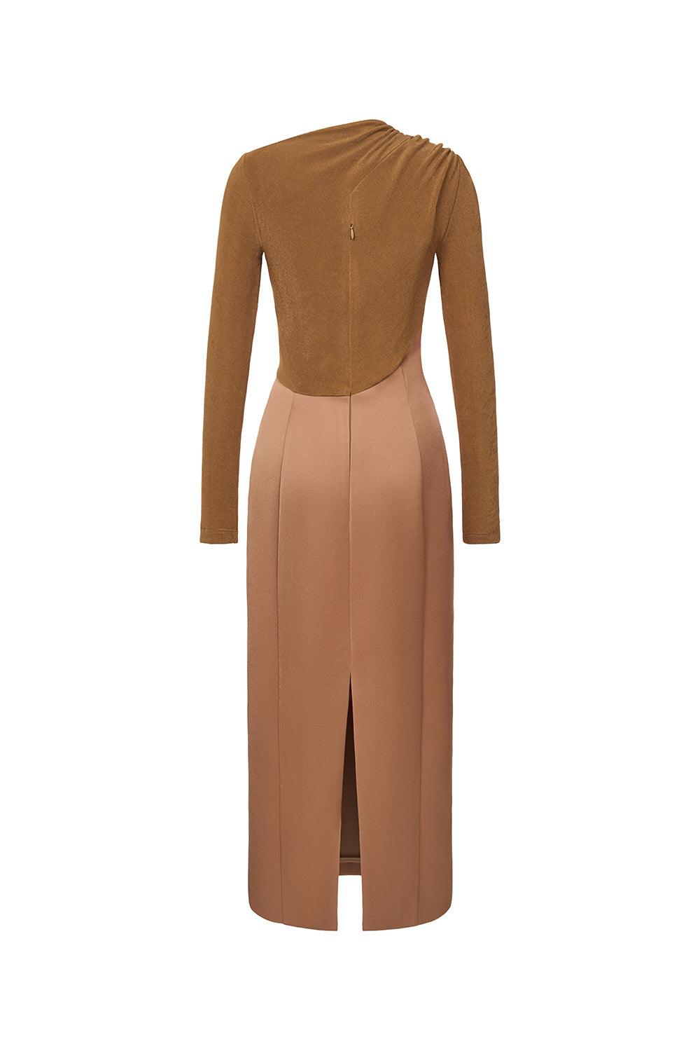 Eleanor Sheath Asymmetric Neck Taffeta Midi Dress in brown Flowering Girl