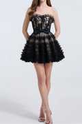 Lorraine Bow Lace Strapless Puffy Mini Dress In Black Flowering Girl