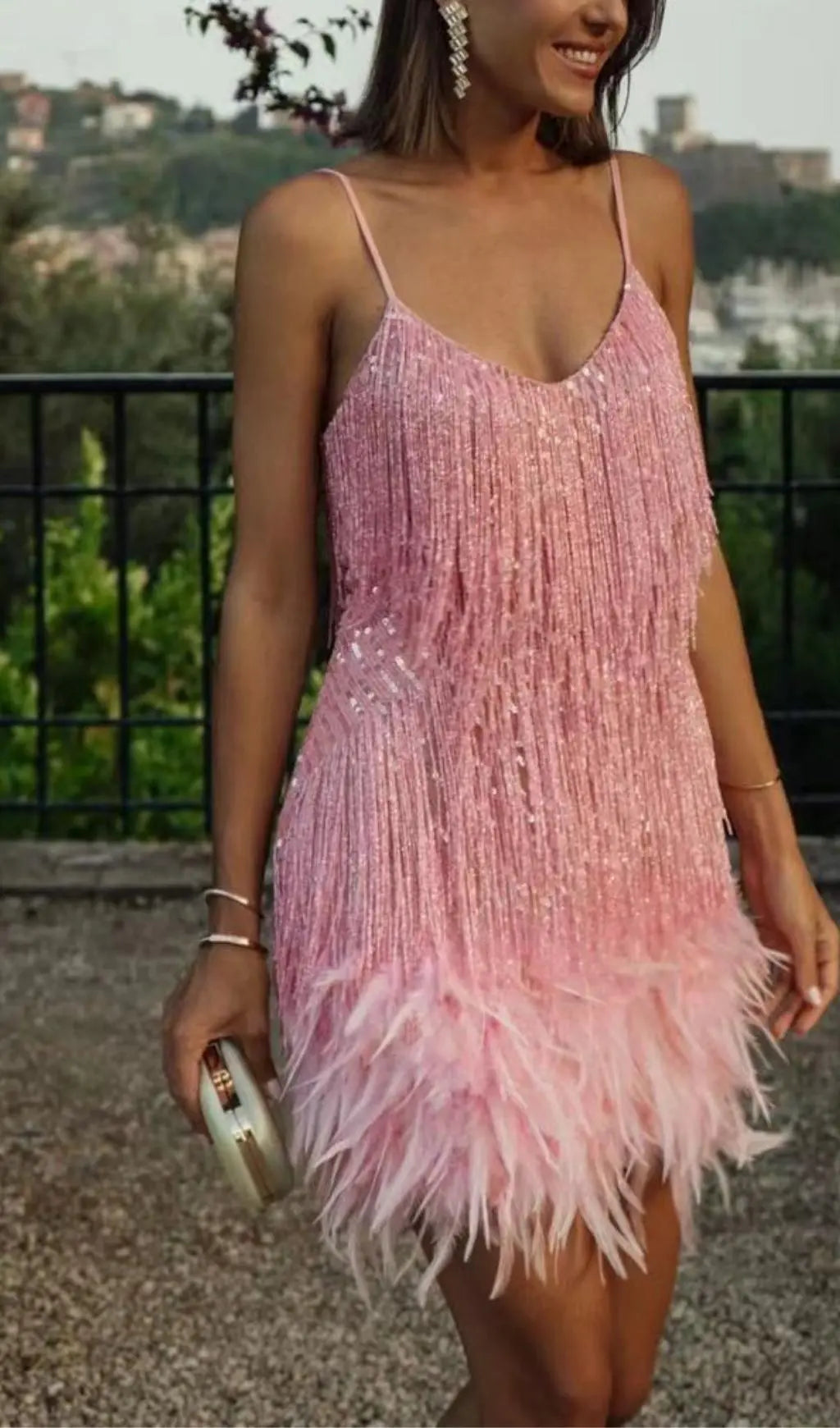 Tassel Feather Mini Dress In Pink Flowering Girl