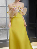 Bright Yellow Satin Strapless Maxi Gown With 3D Colorful Floral Tulle Bust Flowering Girl