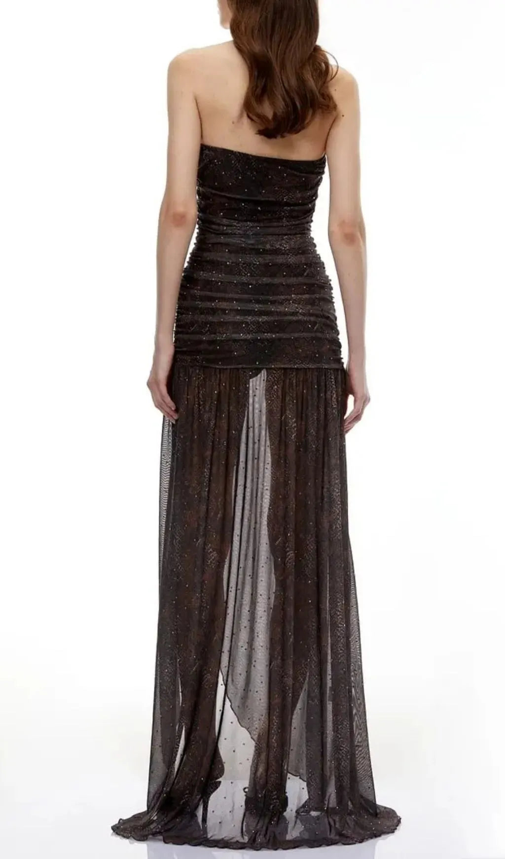 Sylvia Bling Rhinestone Embellished Ruched Strapless Maxi Dress In Black Flowering Girl