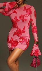 Carita Rose Red Flower Long Sleeve Mini Dress Flowering Girl