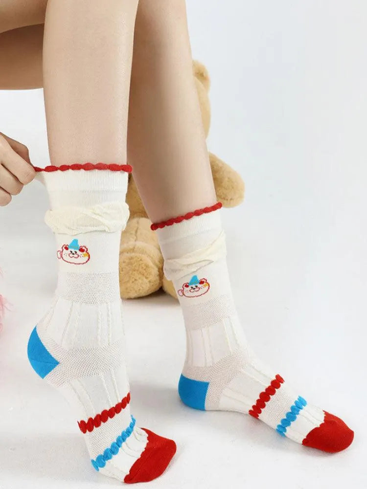 Cartoon Little Red Flower Striped Socks Flowering Girl
