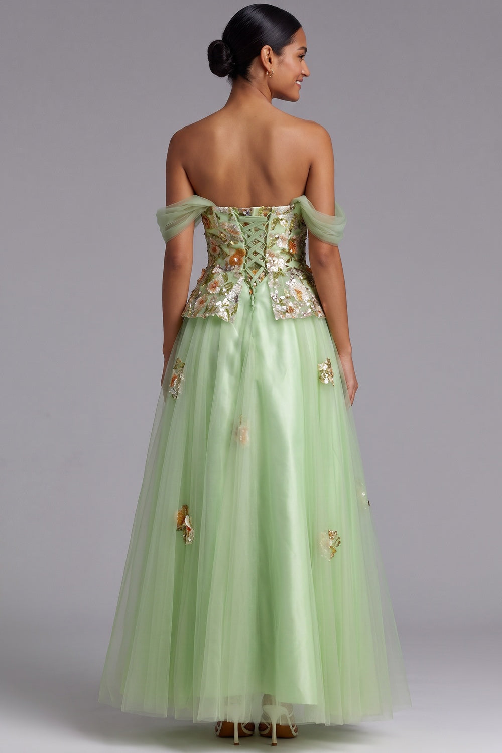 Light Green Off-The-Shoulder Floor-Length Gown with Floral Embellishments Flowering Girl