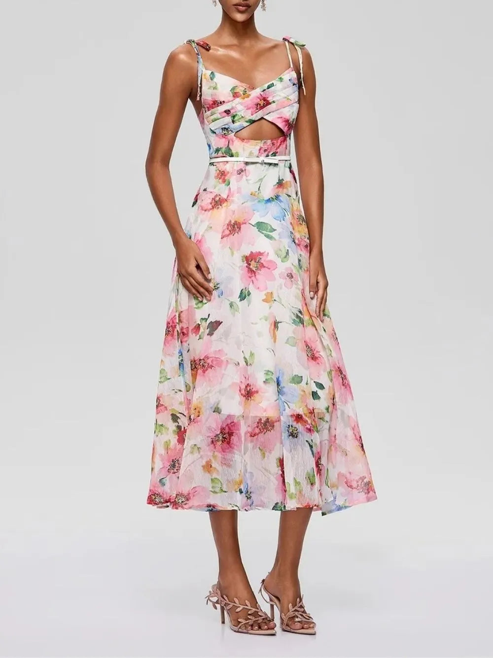 Walric Spaghetti Cutout Floral Midi Dress Flowering Girl
