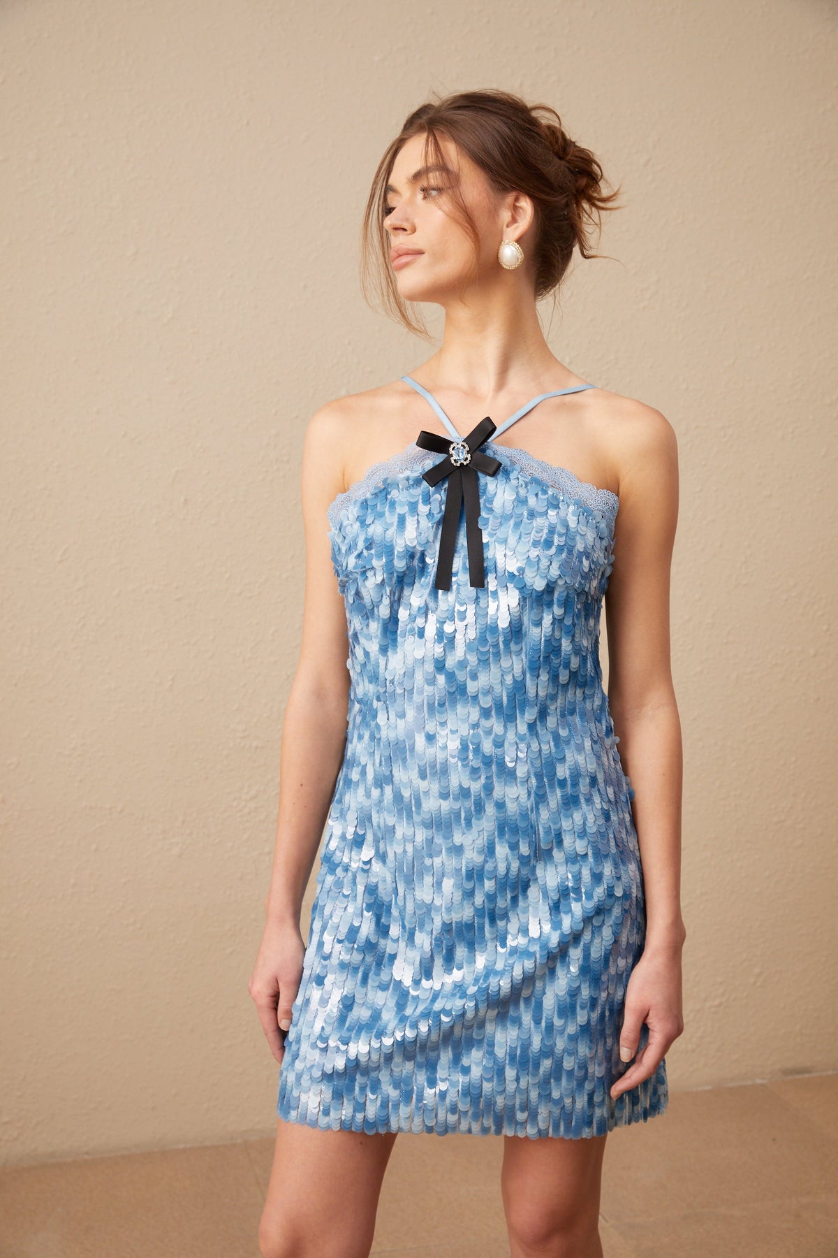 Victoire blue halterneck sequined mini dress Flowering Girl