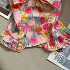 Pink Floral Strapless Corset Top with Peplum Flowering Girl