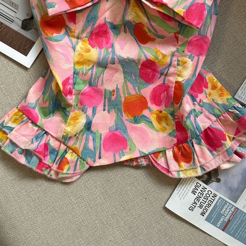 Pink Floral Strapless Corset Top with Peplum Flowering Girl