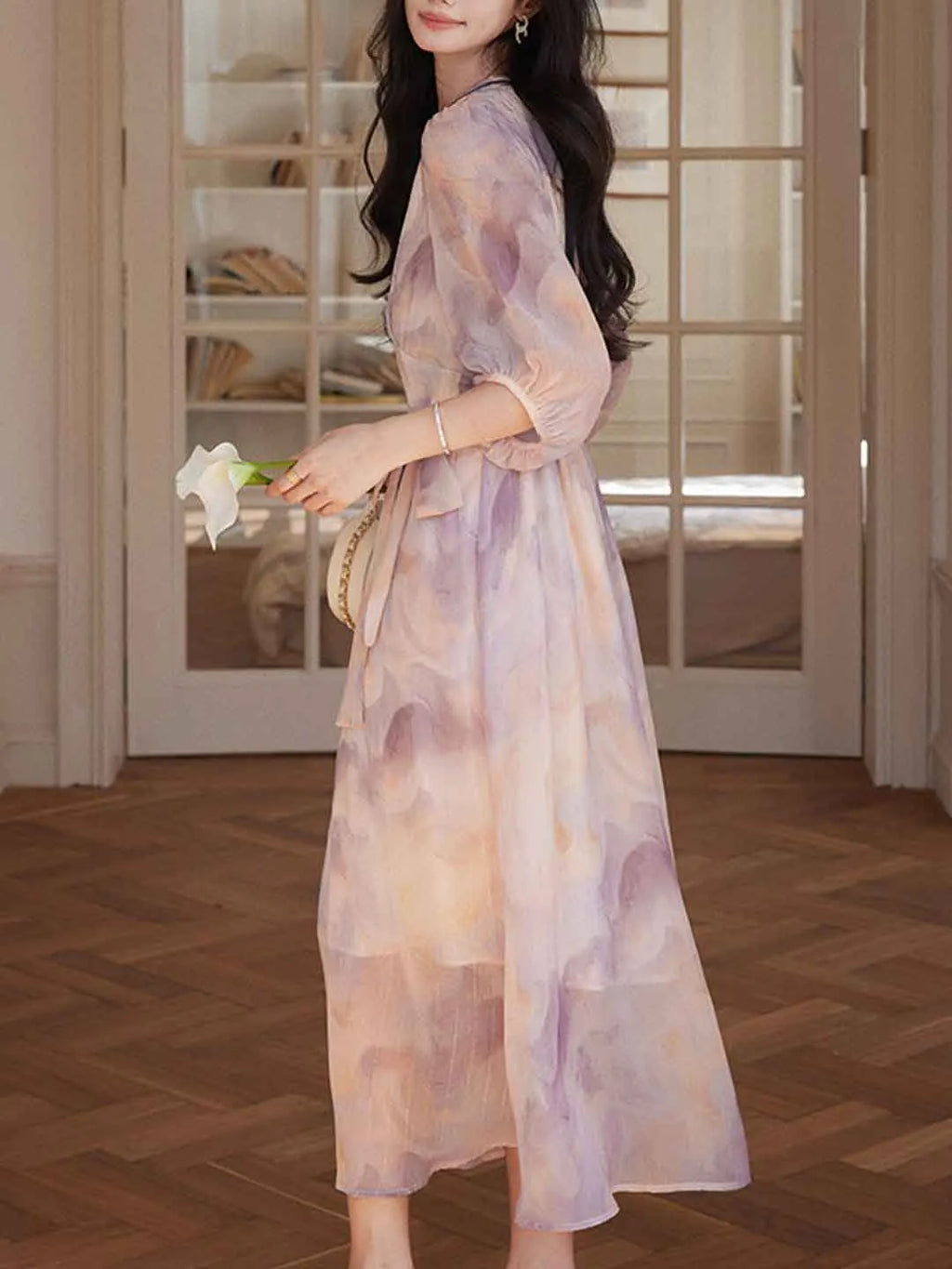 Phoenix Classic V-Neck Floral Printed Tie Dress Flowering Girl