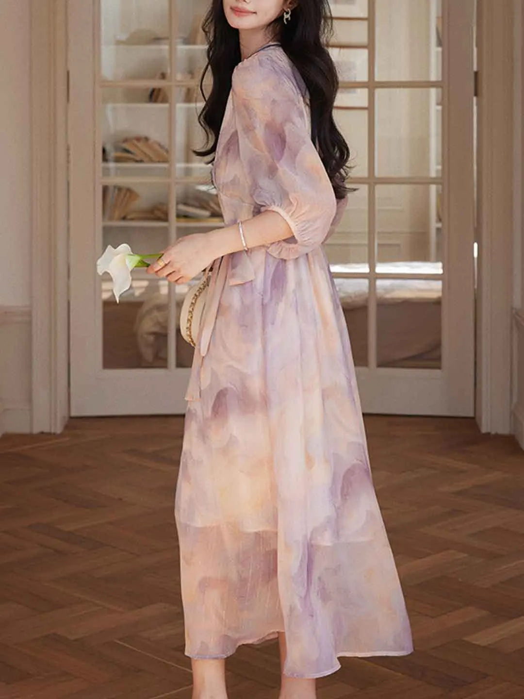 Phoenix Classic V-Neck Floral Printed Tie Dress Flowering Girl