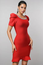 Oanna Red Short Sleeve Rhinestone Bandage Mini Dress Flowering Girl