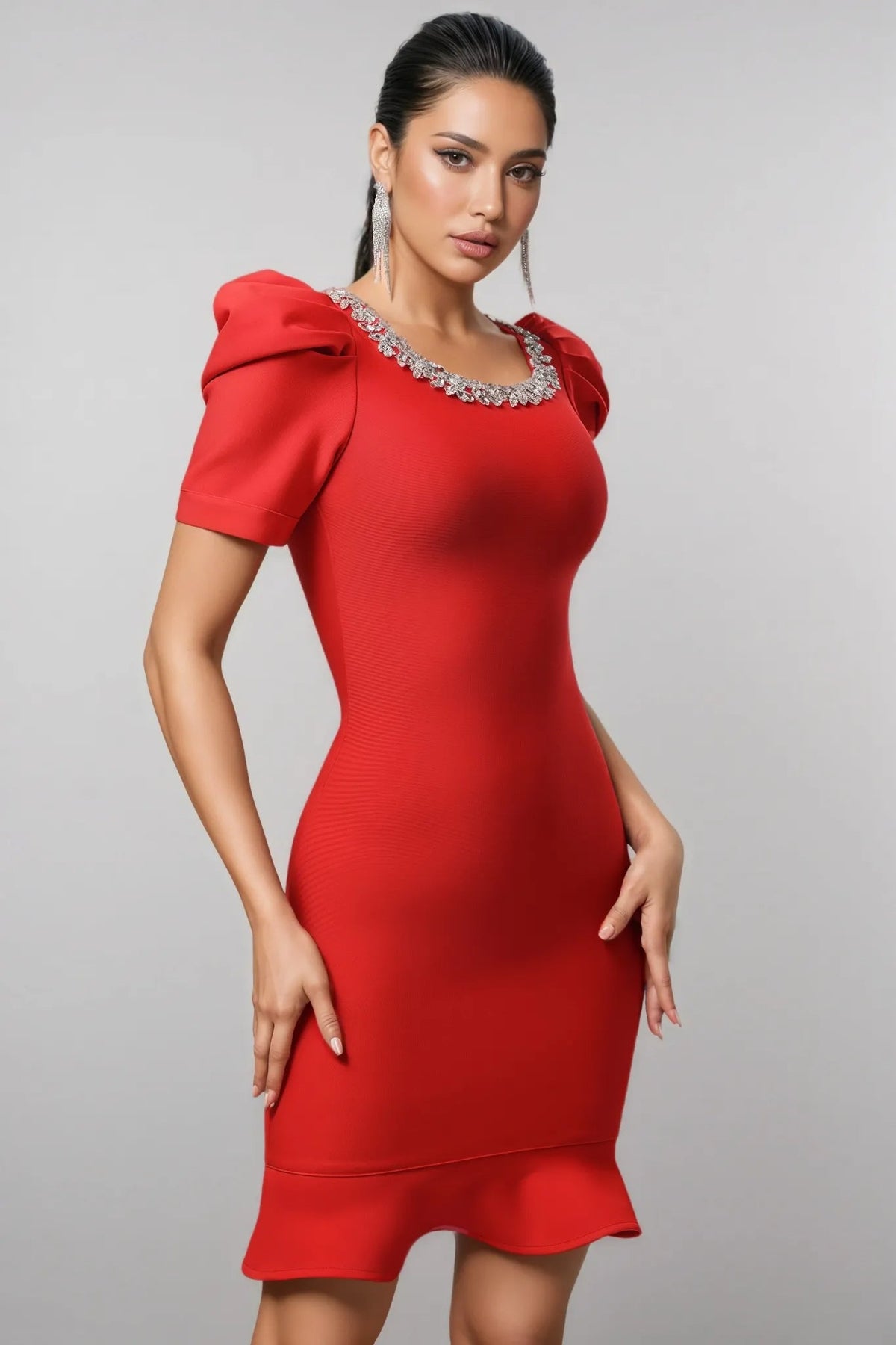Oanna Red Short Sleeve Rhinestone Bandage Mini Dress Flowering Girl