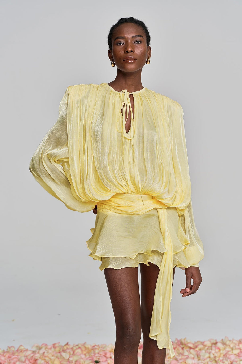 Hermosa Balloon Sleeve Ruch Ruffle Mini Dress In Yellow Flowering Girl