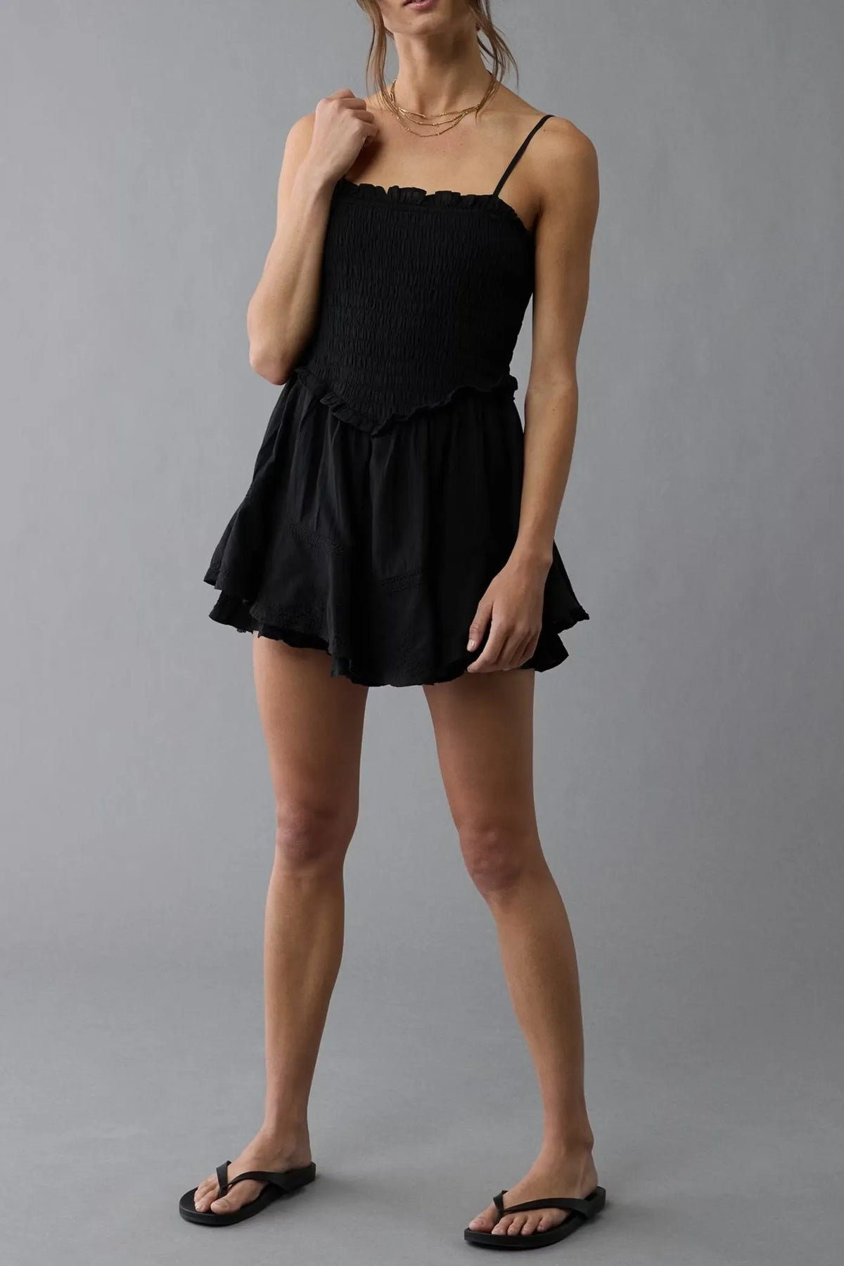 Ruffle Tiered Romper Mini Dress In Black Flowering Girl