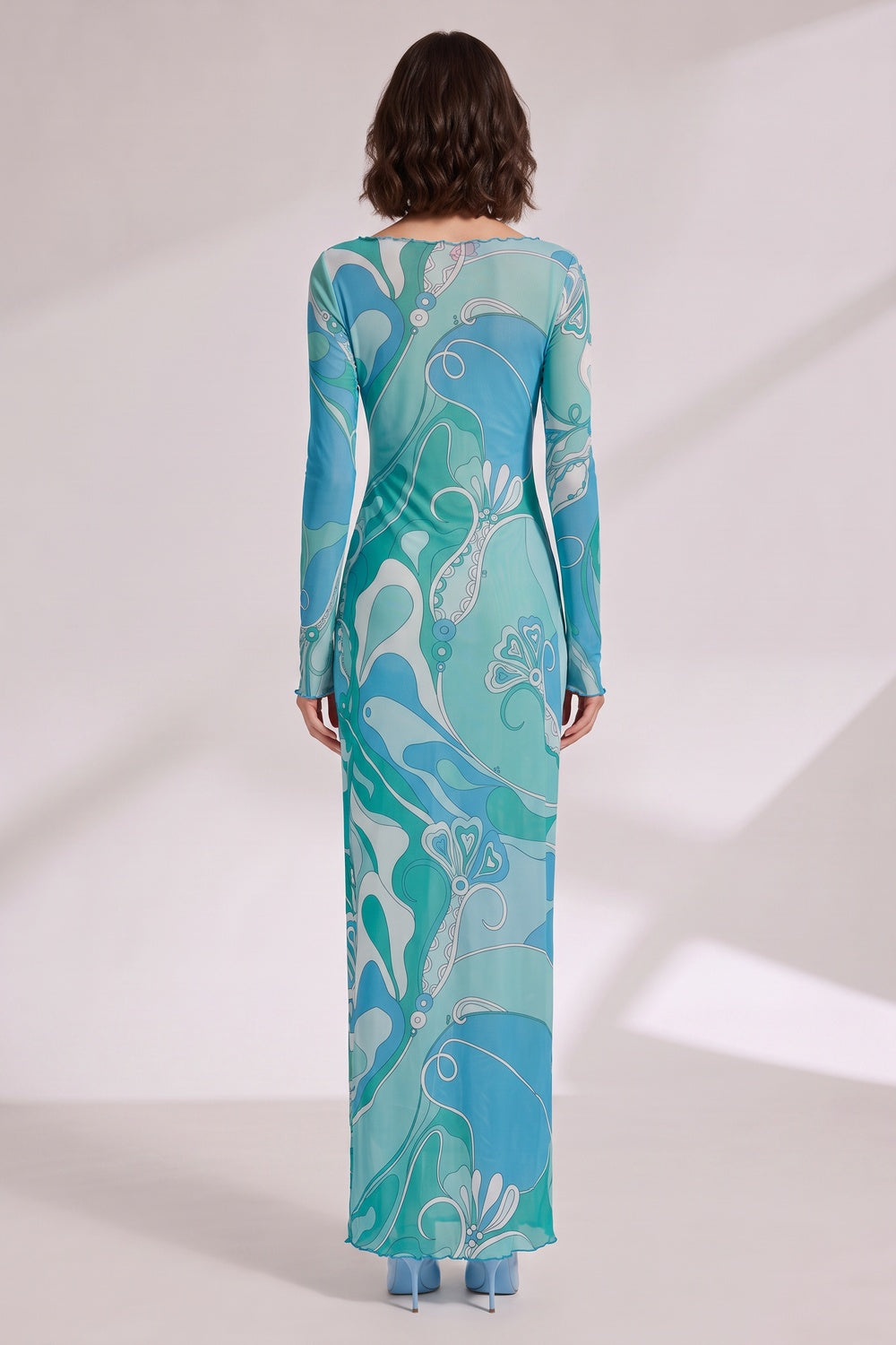 Abstract Wave Print Maxi Dress in Blue and Teal Flowering Girl
