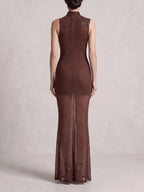 Asymmetric Embellished Maxi Dress Brown Flowering Girl