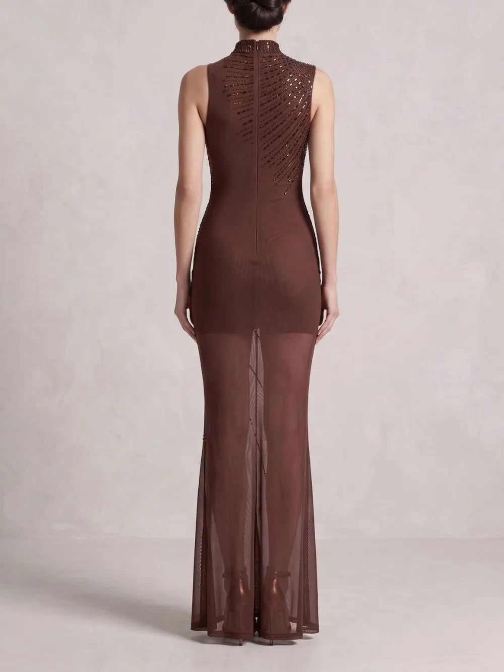 Asymmetric Embellished Maxi Dress Brown Flowering Girl