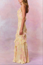Wendy Ruffle Trim Floral Chiffon Maxi Dress In Yellow Flowering Girl