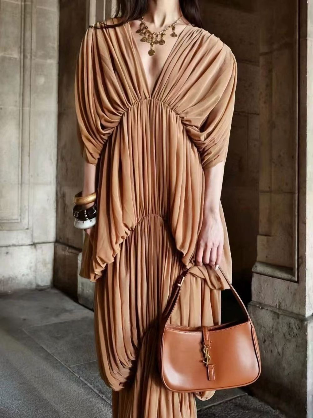 Misa V-Neck Pleated Maxi Dress Flowering Girl