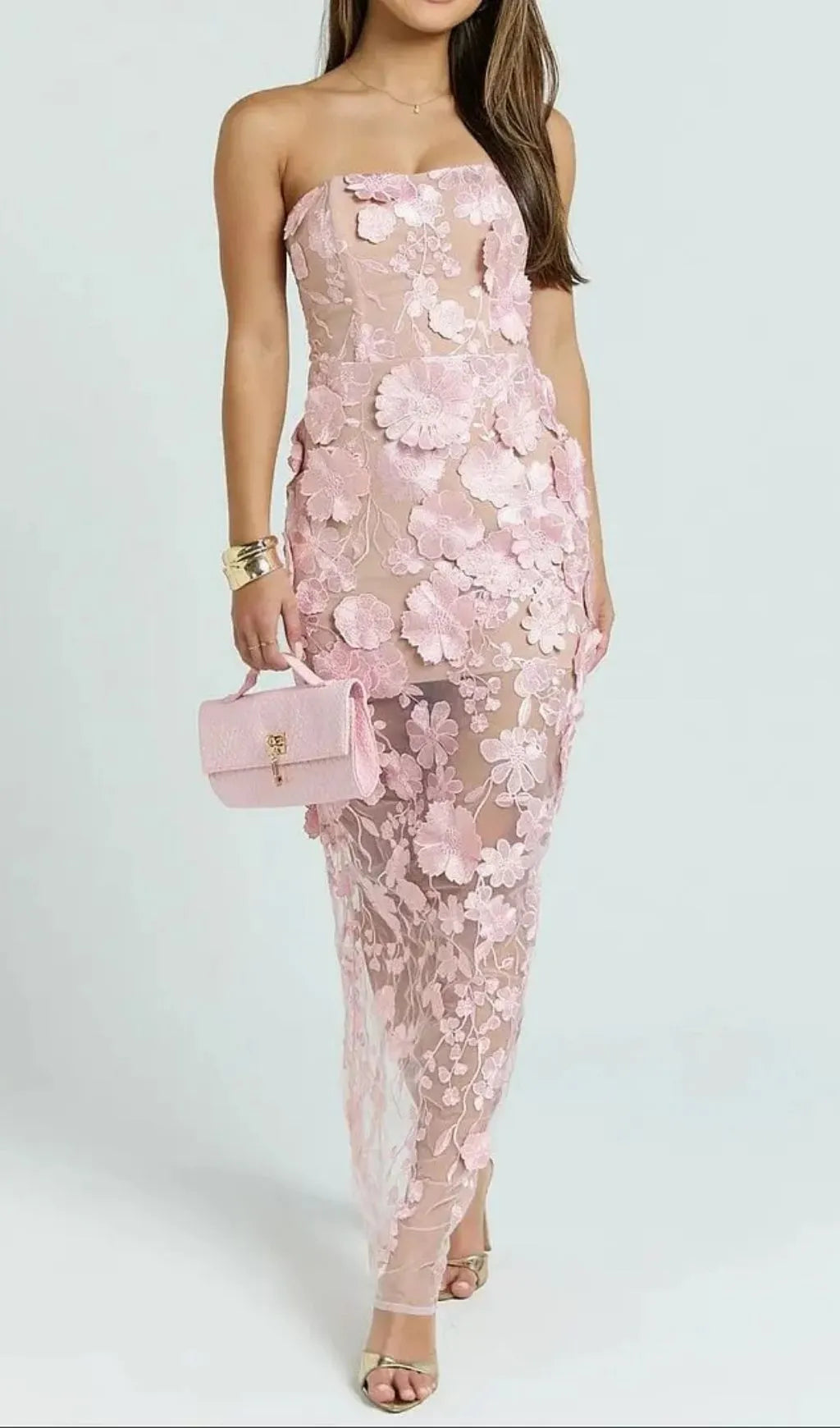 Strapless 3D Floral Mesh Maxi Dress Flowering Girl