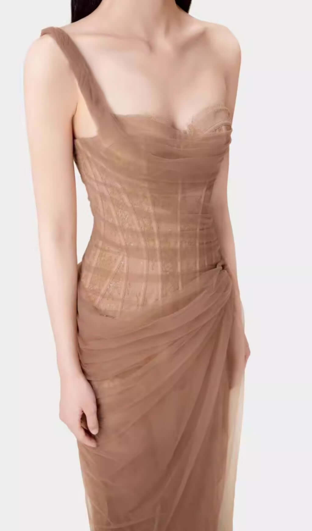 Anandi Brown Mesh Corset Maxi Dress Flowering Girl