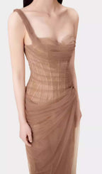 Anandi Brown Mesh Corset Maxi Dress Flowering Girl