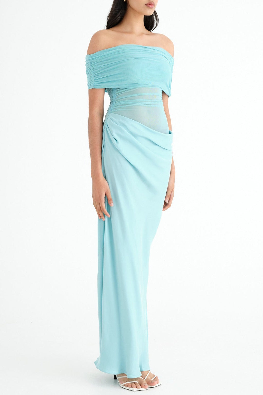 Off Shoulder Ruched Mesh Maxi Dress in Blue Flowering Girl
